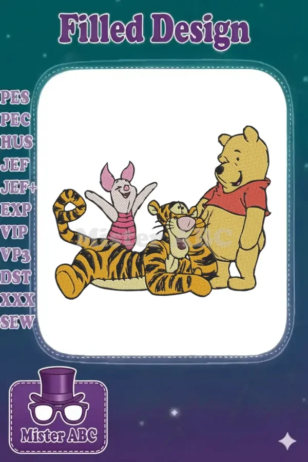 Vibrant embroidery design featuring Winnie the Pooh, Tigger, and Piglet happily together, showcasing intricate details.