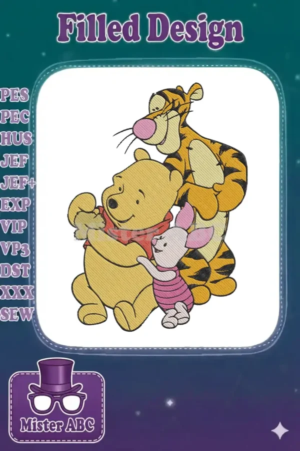 Winnie the Pooh, Tigger, and Piglet share a warm embrace in a vibrant, detailed embroidery design.