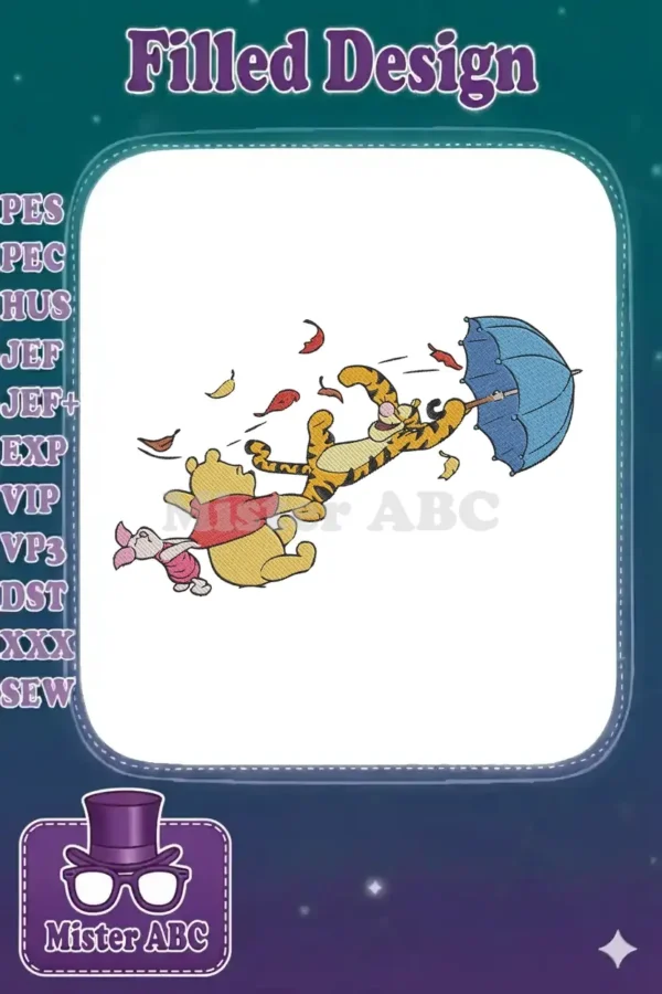 Winnie the Pooh, Tigger, and Piglet caught in a blustery autumn wind, holding onto a blue umbrella amidst falling leaves.