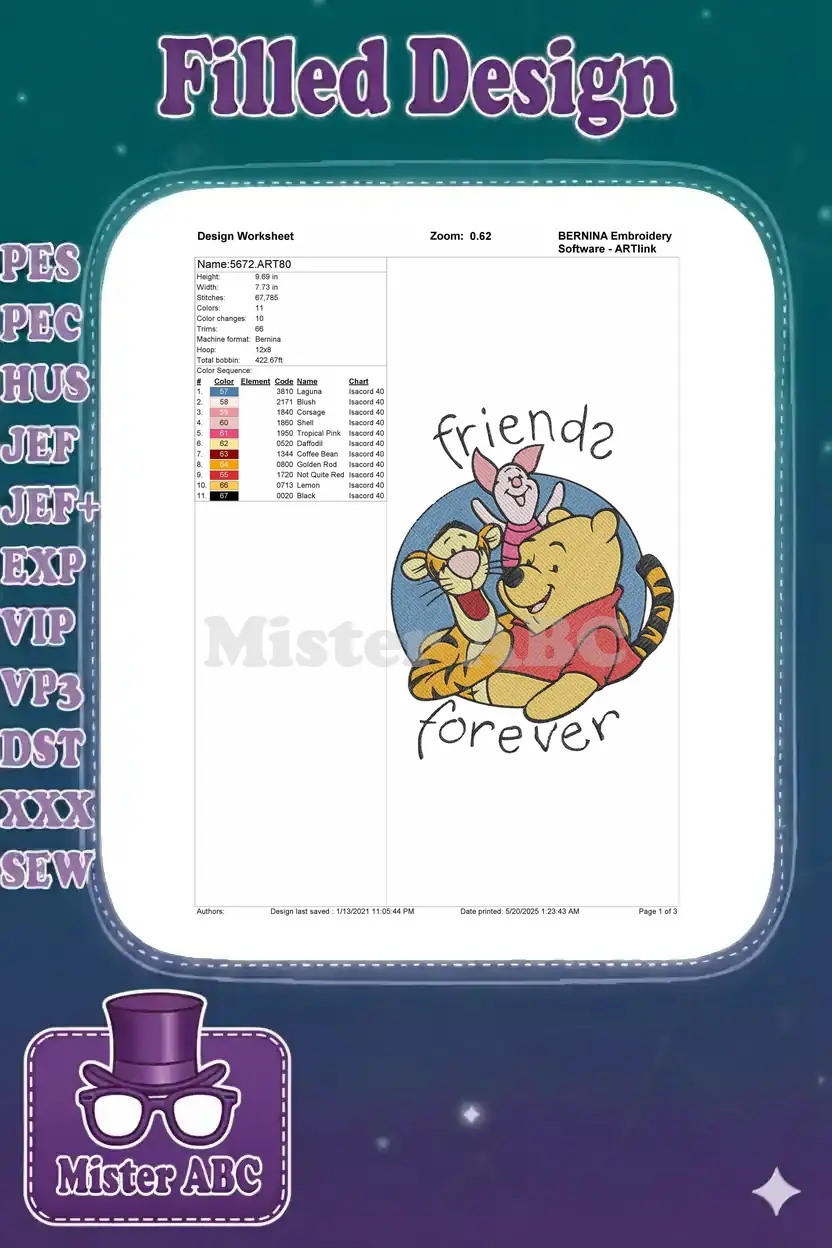 BERNINA embroidery design worksheet displaying dimensions, stitch count, color chart, and a preview of the 'Friends Forever' design.