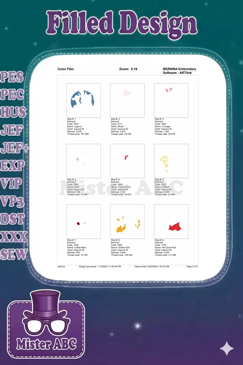 Color film breakdown showing the first nine individual thread elements and their stitch counts for the 'Friends Forever' design.