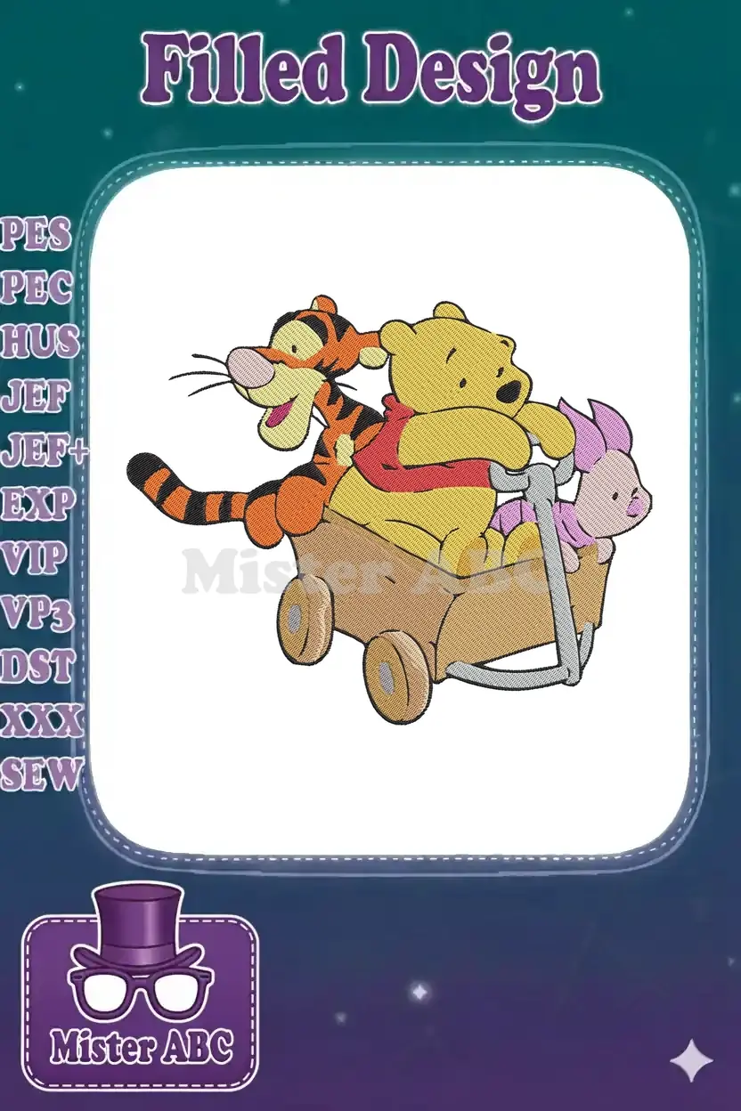 Winnie the Pooh, Tigger, and Piglet riding in a wooden wagon, an adorable machine embroidery design for children's items.