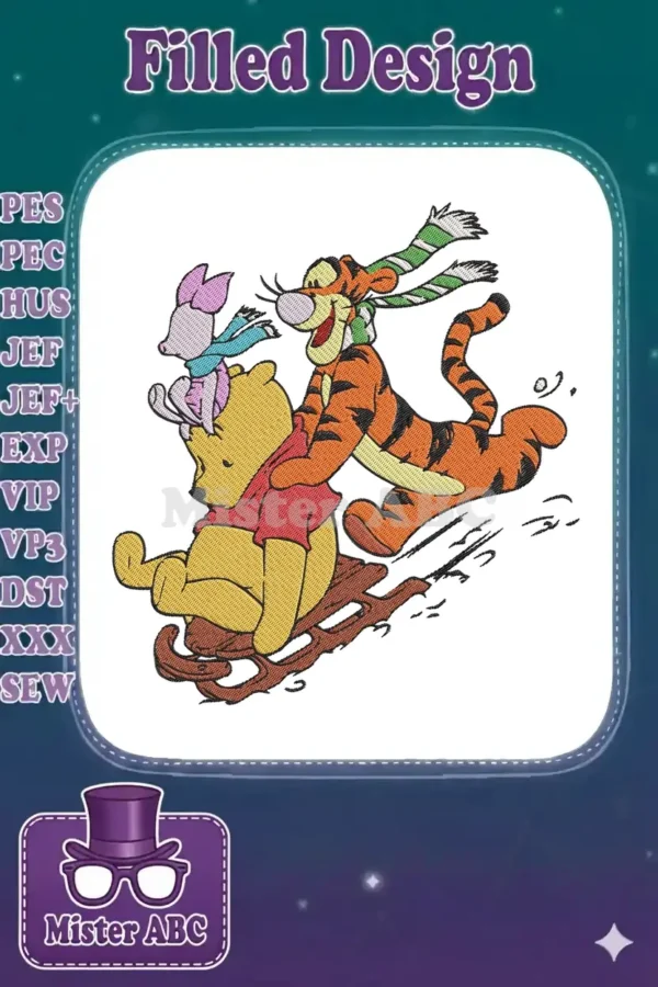 Winnie the Pooh, Tigger, and Piglet cheerfully sledding down a snowy hill in a vibrant embroidery design.