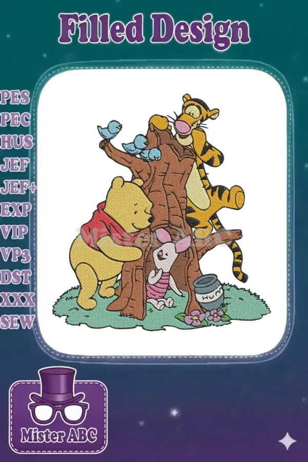 Winnie the Pooh, Tigger, and Piglet with bluebirds and a honey pot, an enchanting embroidery design for fans.