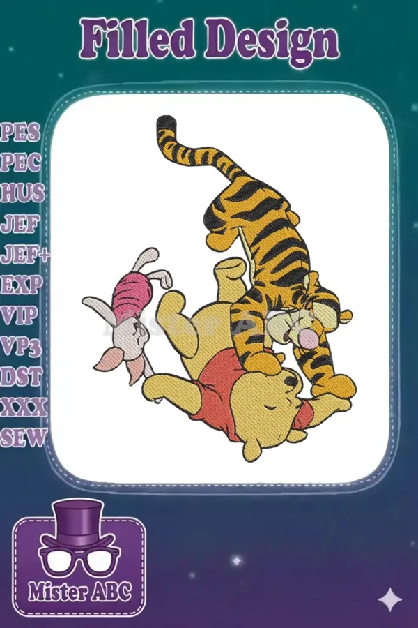 Classic Winnie the Pooh, Tigger, and Piglet embroidery design, showcasing a playful stack on a white background.