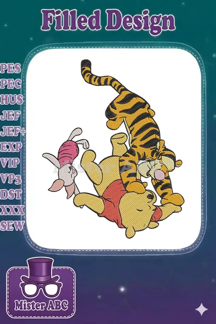 Classic Winnie the Pooh, Tigger, and Piglet embroidery design, showcasing a playful stack on a white background.