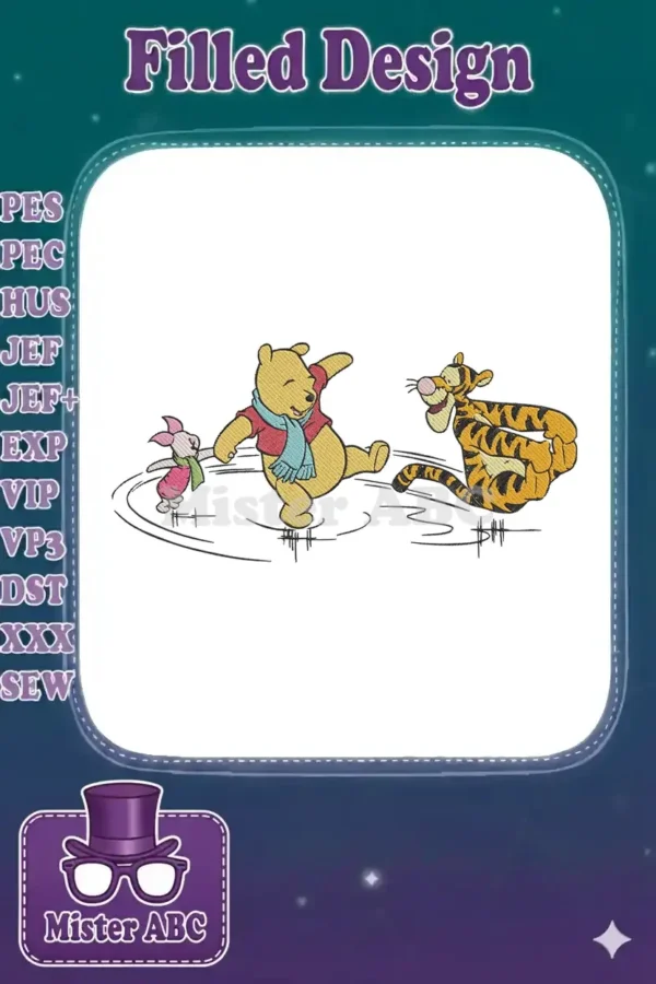 Winnie the Pooh, Piglet, and Tigger joyfully ice skating, showcasing a detailed and colorful embroidery design.
