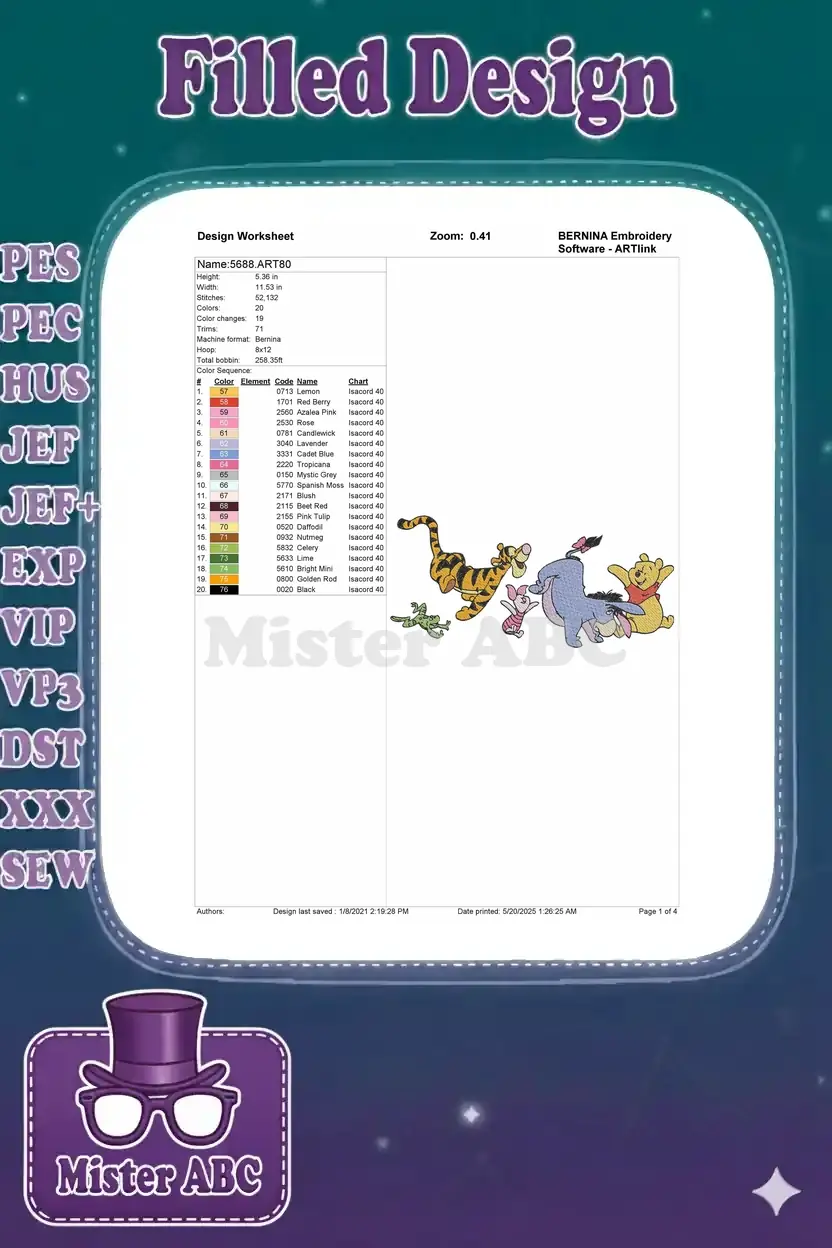 Embroidery design worksheet for Winnie the Pooh and friends, showing dimensions, stitch count, and color chart.