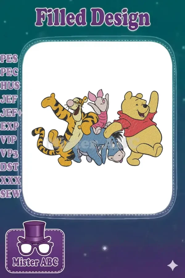 Winnie the Pooh, Tigger, Piglet, and Eeyore embroidery design, featuring vibrant colors and a playful group pose.