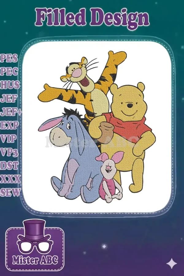Vibrant embroidery design featuring Winnie the Pooh, Tigger, Eeyore, and Piglet in a joyful stacked pose.