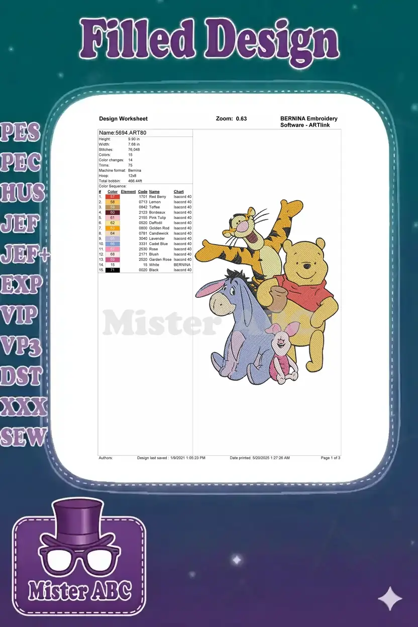 Embroidery design worksheet for Pooh and friends, detailing dimensions, stitch count, and color sequence.