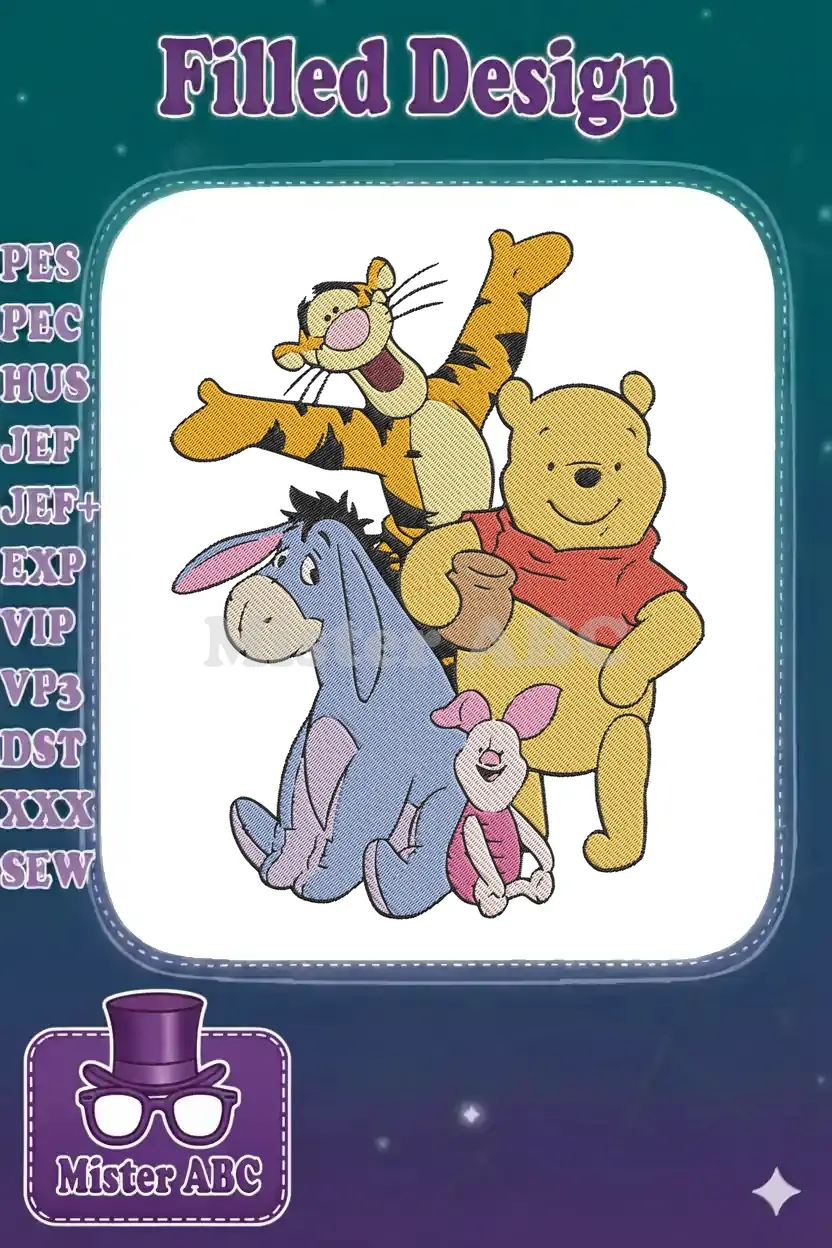 Vibrant embroidery design featuring Winnie the Pooh, Tigger, Eeyore, and Piglet in a joyful stacked pose.
