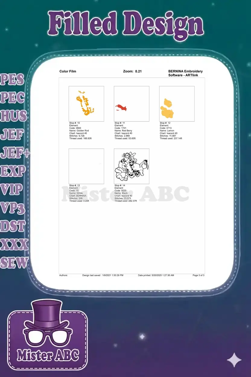 Embroidery color film displaying the final five individual thread stops, completing the design's layers.