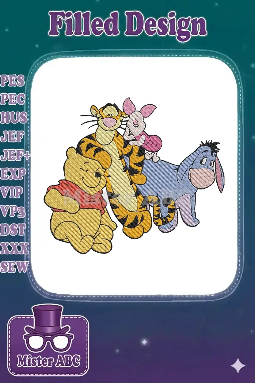 Vibrant embroidery design featuring Winnie the Pooh, Tigger, Piglet, and Eeyore, perfect for children's items.