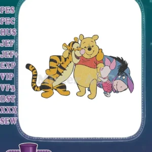 A vibrant embroidery design featuring Winnie the Pooh, Tigger, Piglet, and Eeyore in a cheerful group hug.