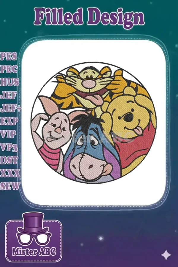 Vibrant embroidery of Winnie the Pooh, Tigger, Piglet, and Eeyore in a circular frame, showcasing detailed stitching.