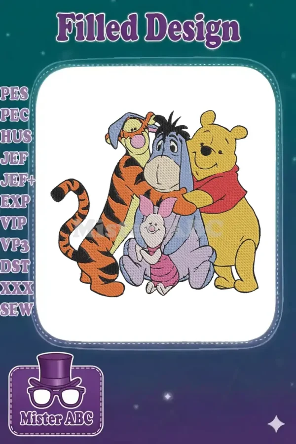 Winnie the Pooh, Tigger, Eeyore, and Piglet embracing in a vibrant machine embroidery design, symbolizing friendship.