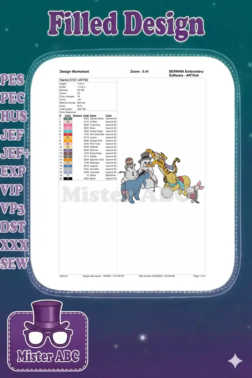 Embroidery design worksheet detailing stitch count, dimensions, color sequence chart, and machine format for the Pooh design.