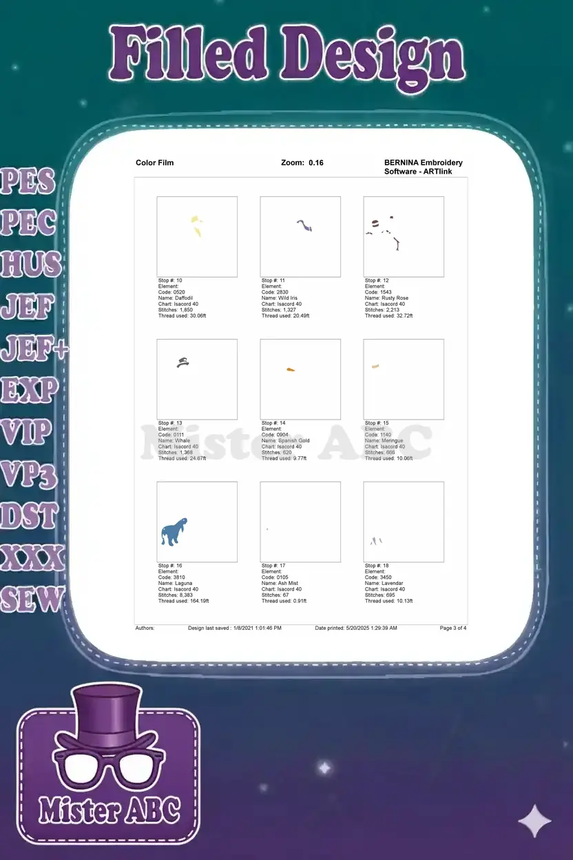 Embroidery color film showing the middle section of thread stops, from stop 10 to stop 18, for the design.