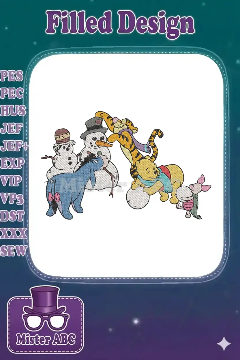 Winnie the Pooh and friends, Tigger, Eeyore, Piglet, playing with snowmen in a festive winter embroidery design.