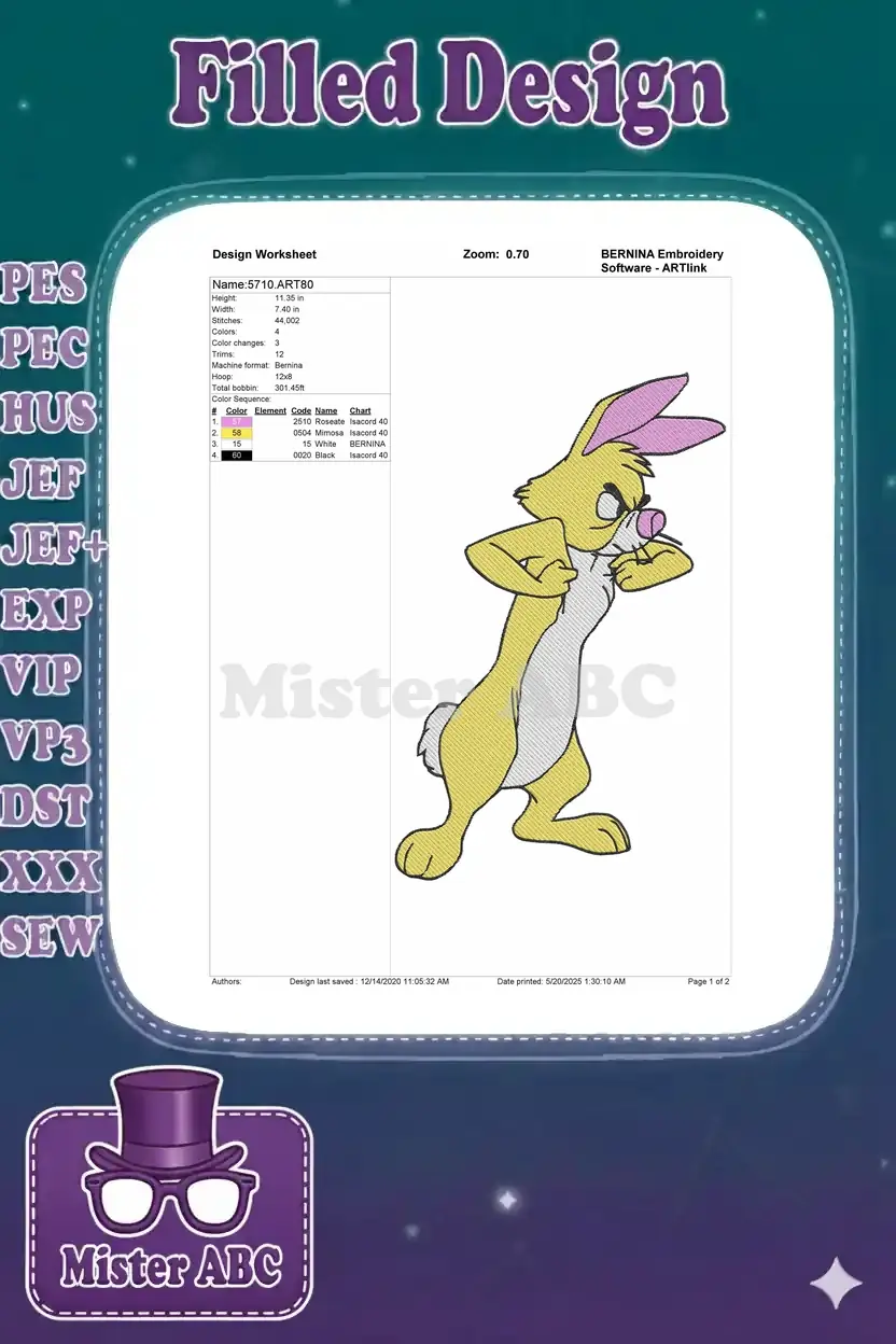 Embroidery design worksheet for Rabbit, showing dimensions, stitch count, color sequence, and thread details.