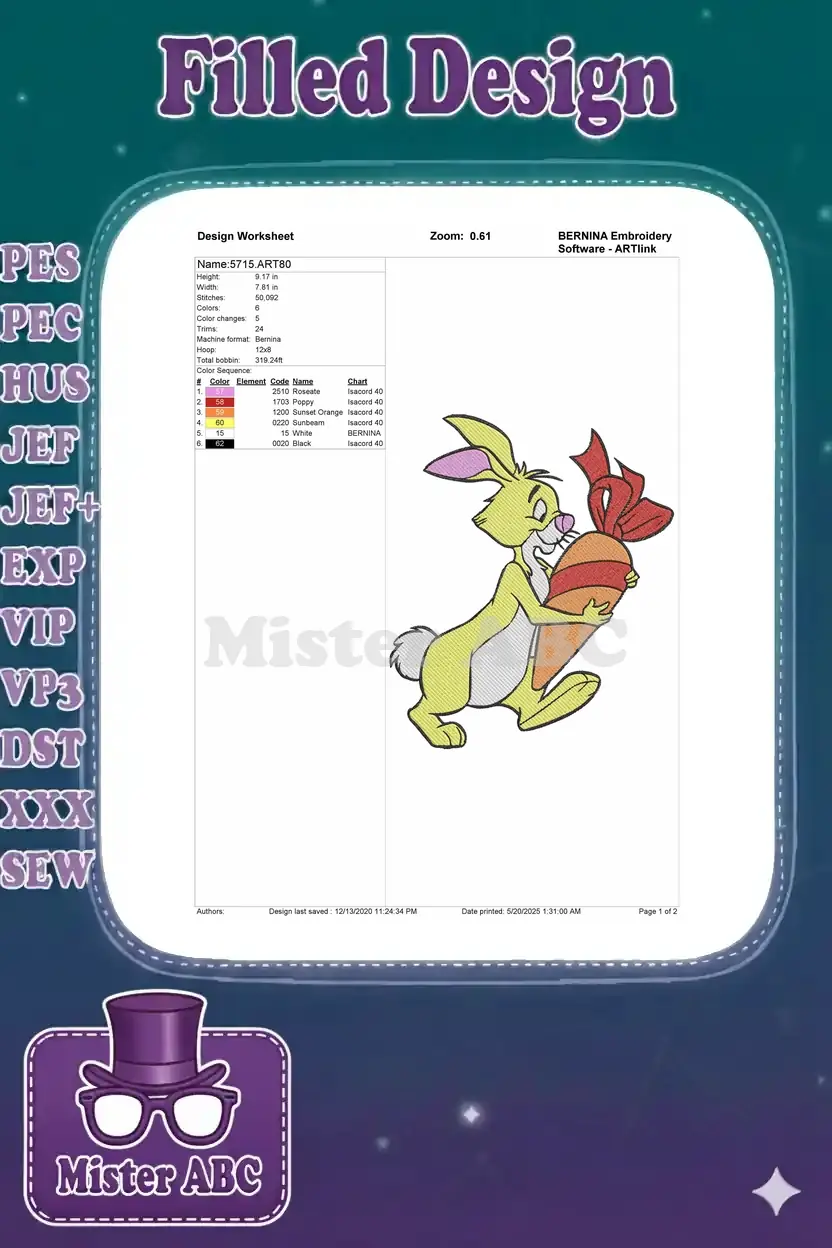 Embroidery design worksheet detailing dimensions, stitch count, color sequence, and machine compatibility for the Rabbit design.