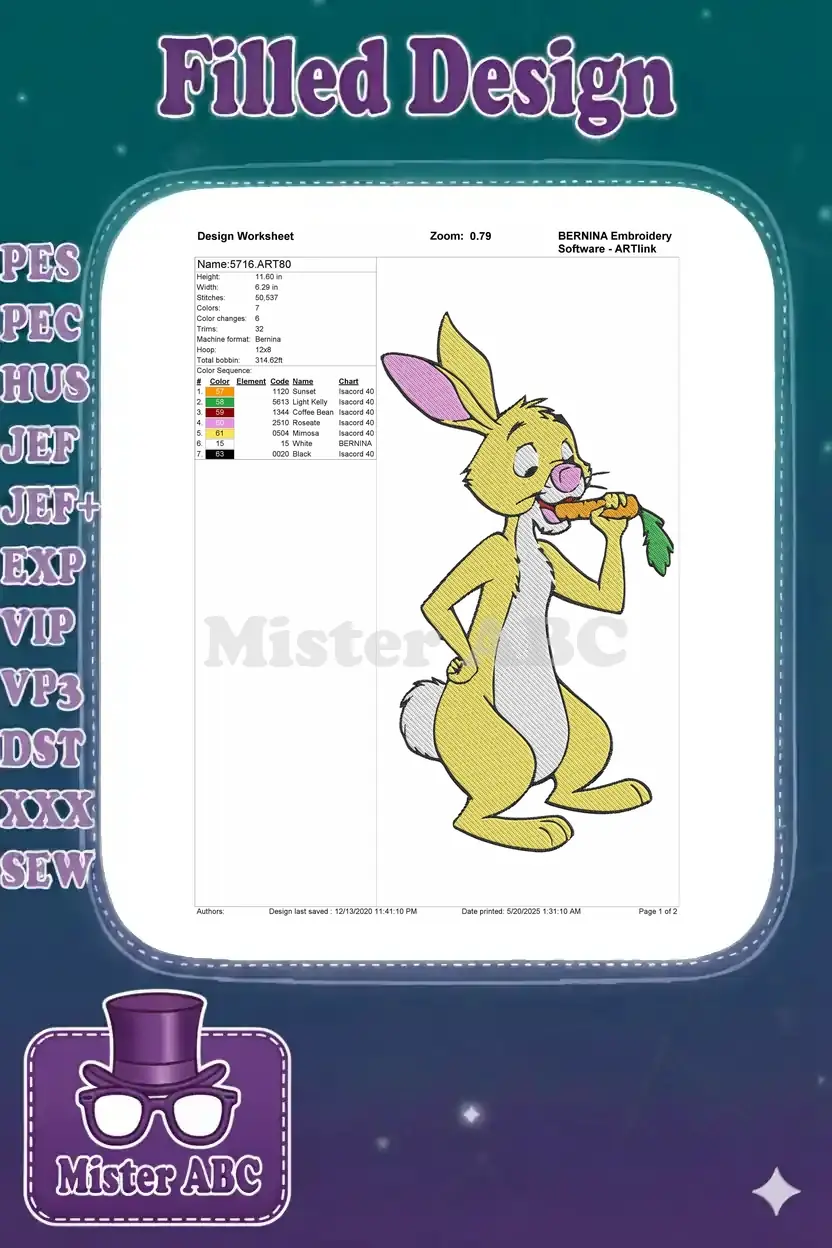 Embroidery design worksheet for Rabbit, showing dimensions, stitch count, thread colors, and machine info.