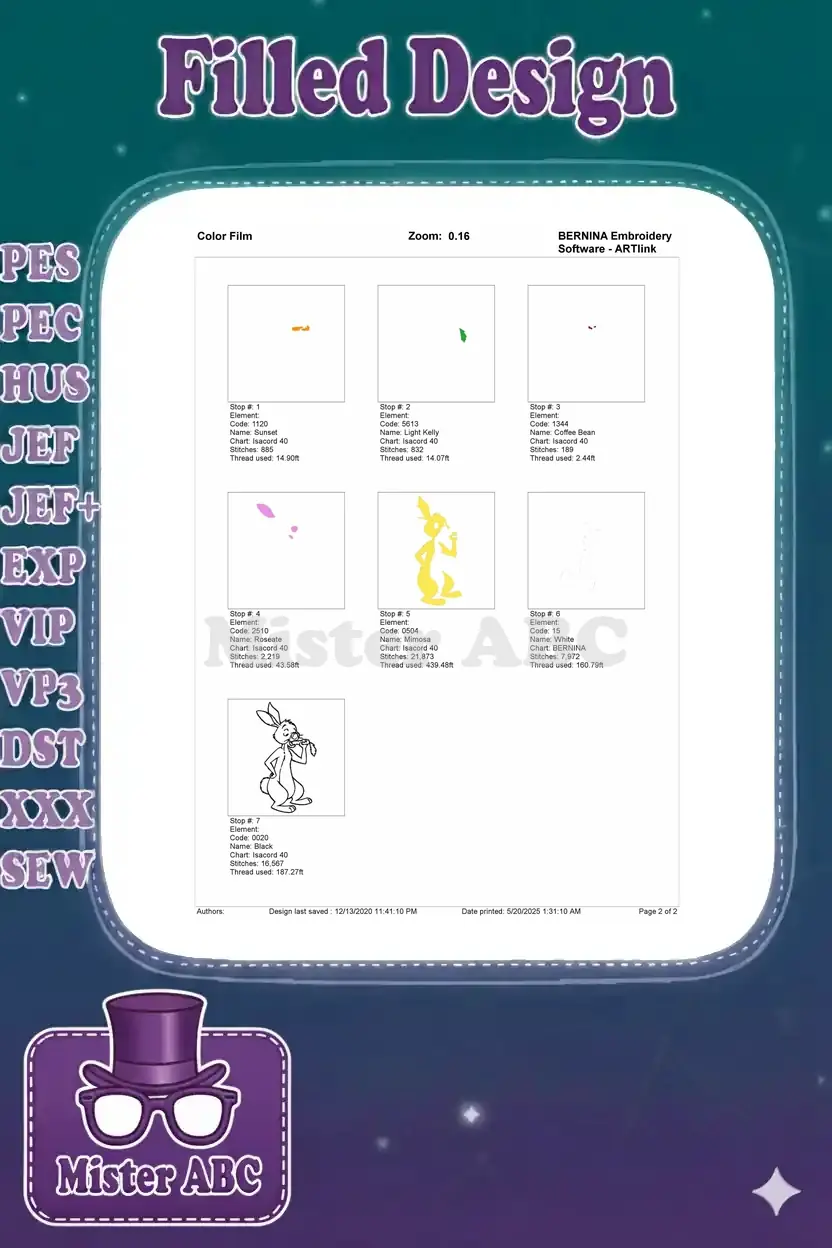 Color film breakdown for the Rabbit embroidery design, illustrating the stitch sequence for each thread color.