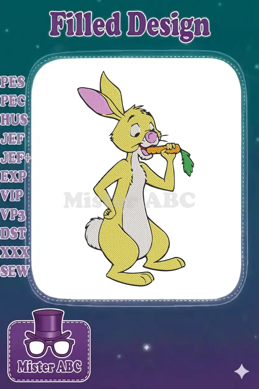 Vibrant embroidery design featuring Rabbit from Winnie the Pooh happily eating a carrot, perfect for apparel.