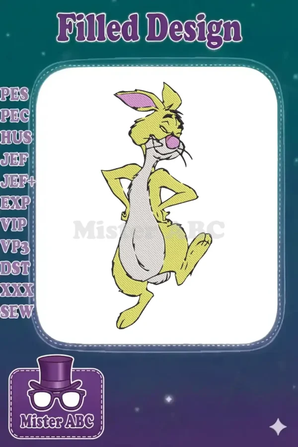 A full-body embroidery design of Rabbit from Winnie the Pooh, standing dynamically with a cheerful expression.