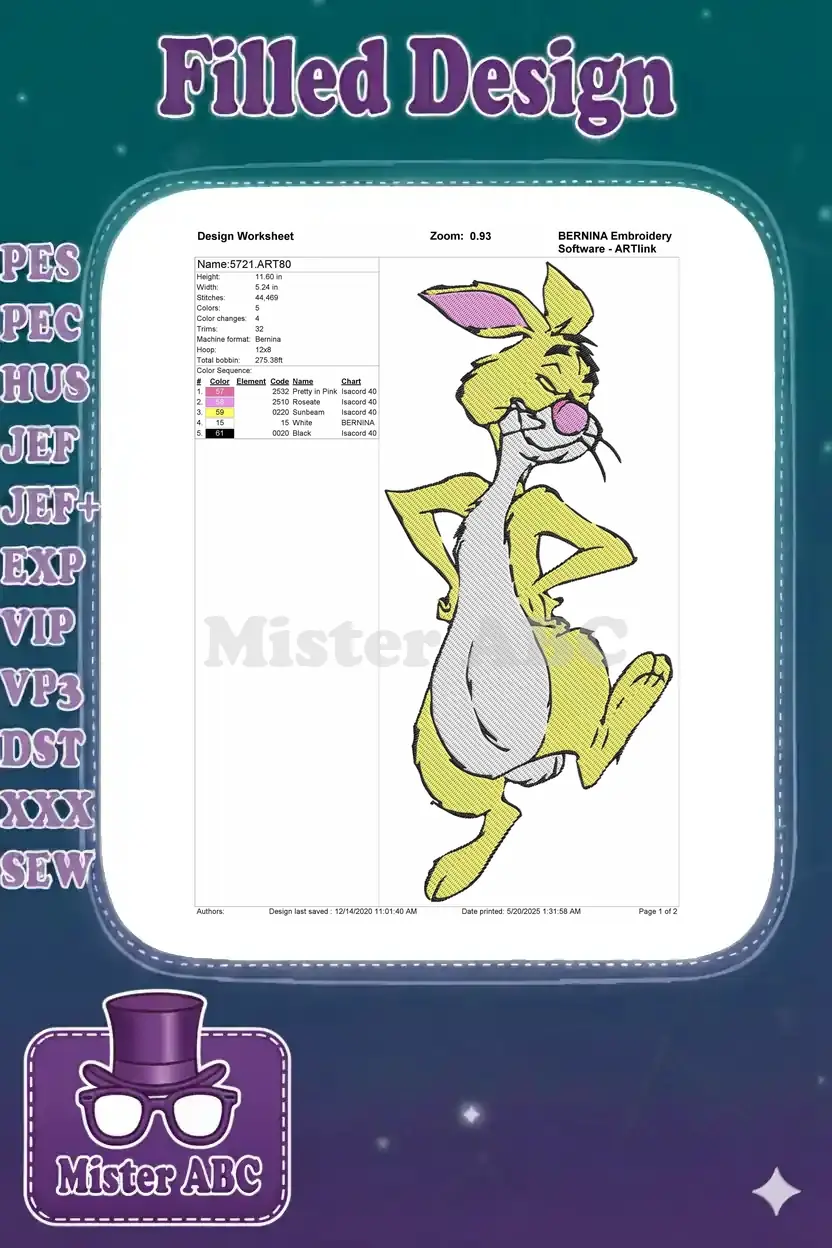 A detailed design worksheet for the Rabbit embroidery, showing dimensions, stitch count, and color sequence.