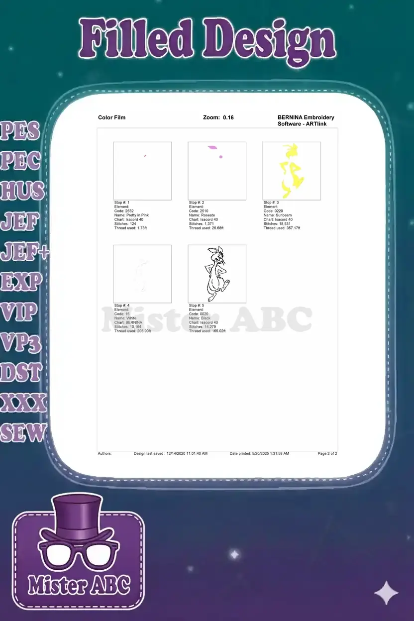A color film breakdown of the Rabbit embroidery design, showing each stitch stop and thread usage.