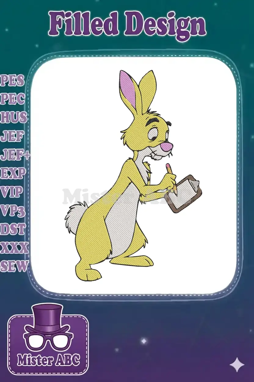 Winnie the Pooh's Rabbit character, meticulously embroidered, holding a clipboard and pencil with a thoughtful expression.