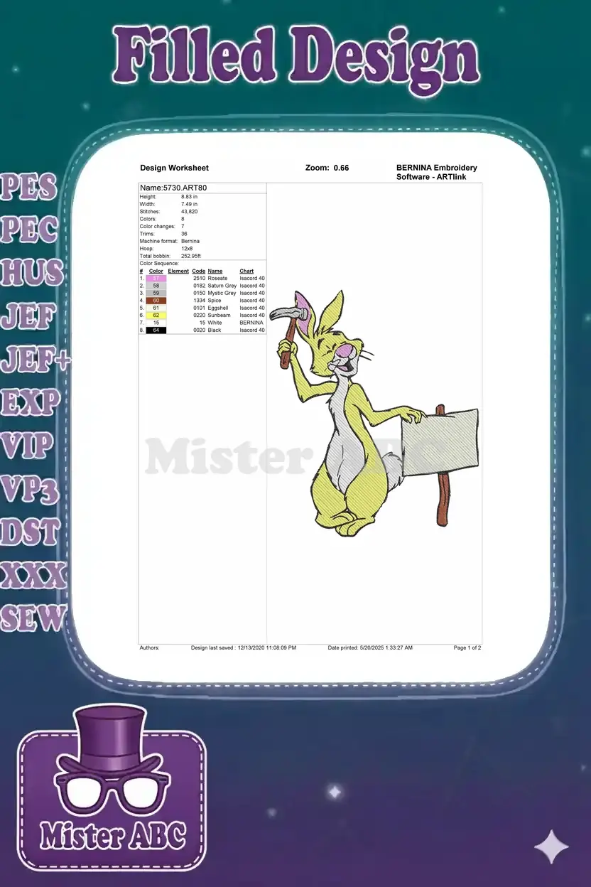 Embroidery design worksheet for Rabbit, showing dimensions, stitch count, color sequence, and thread details.
