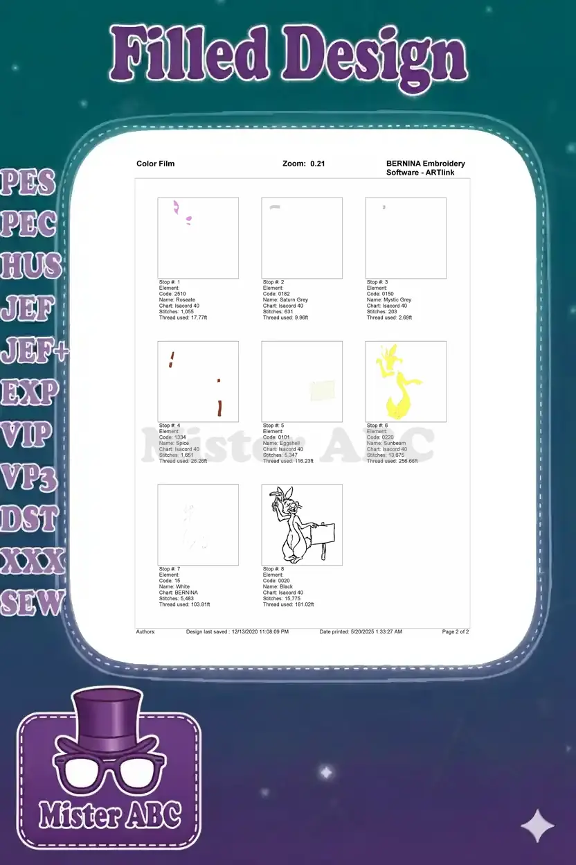 Color film breakdown of the Rabbit embroidery design, showing individual stitch stops and thread usage.