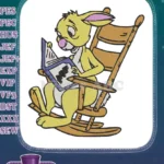 Adorable yellow rabbit reading storybook in rocking chair embroidery designs - Instant Download
