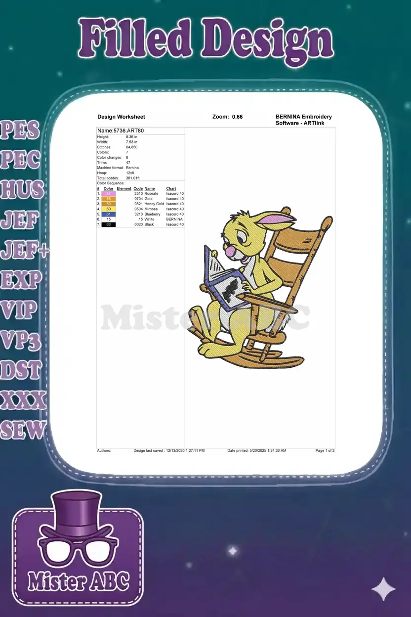 Embroidery design worksheet for '5736.ART80' showing dimensions, stitch count, color sequence, and a preview image.