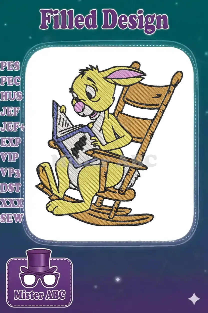 Embroidery design showing a yellow rabbit with pink ears, sitting in a brown rocking chair, reading a blue book.