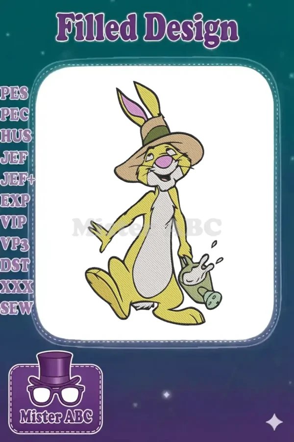 A vibrant embroidery of Rabbit from Winnie the Pooh, wearing a hat and holding a watering can, smiling happily.