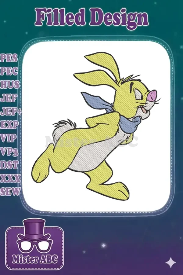 Vibrant embroidery of Rabbit from Winnie the Pooh, depicted in a lively running stance, showcasing detailed stitching.