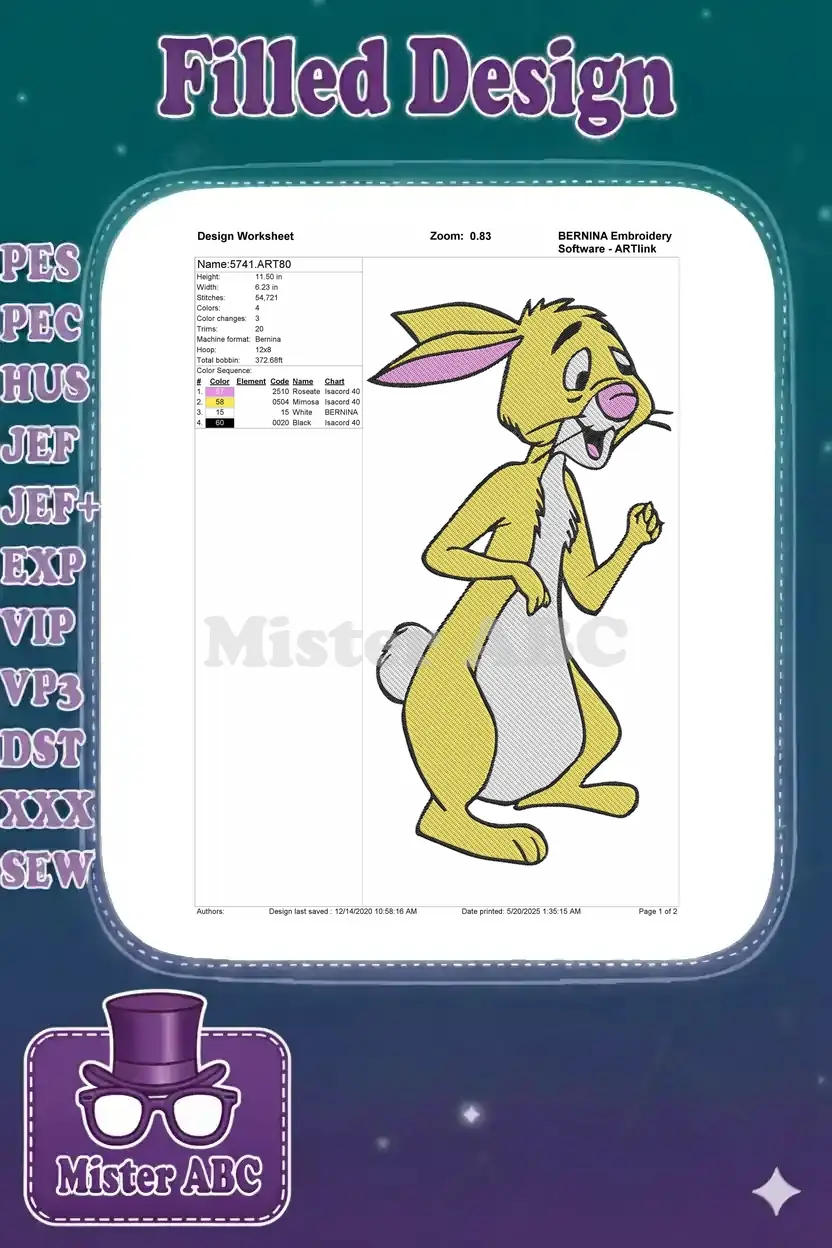 Embroidery design worksheet for Rabbit, showing dimensions, stitch count, color sequence, and design preview.
