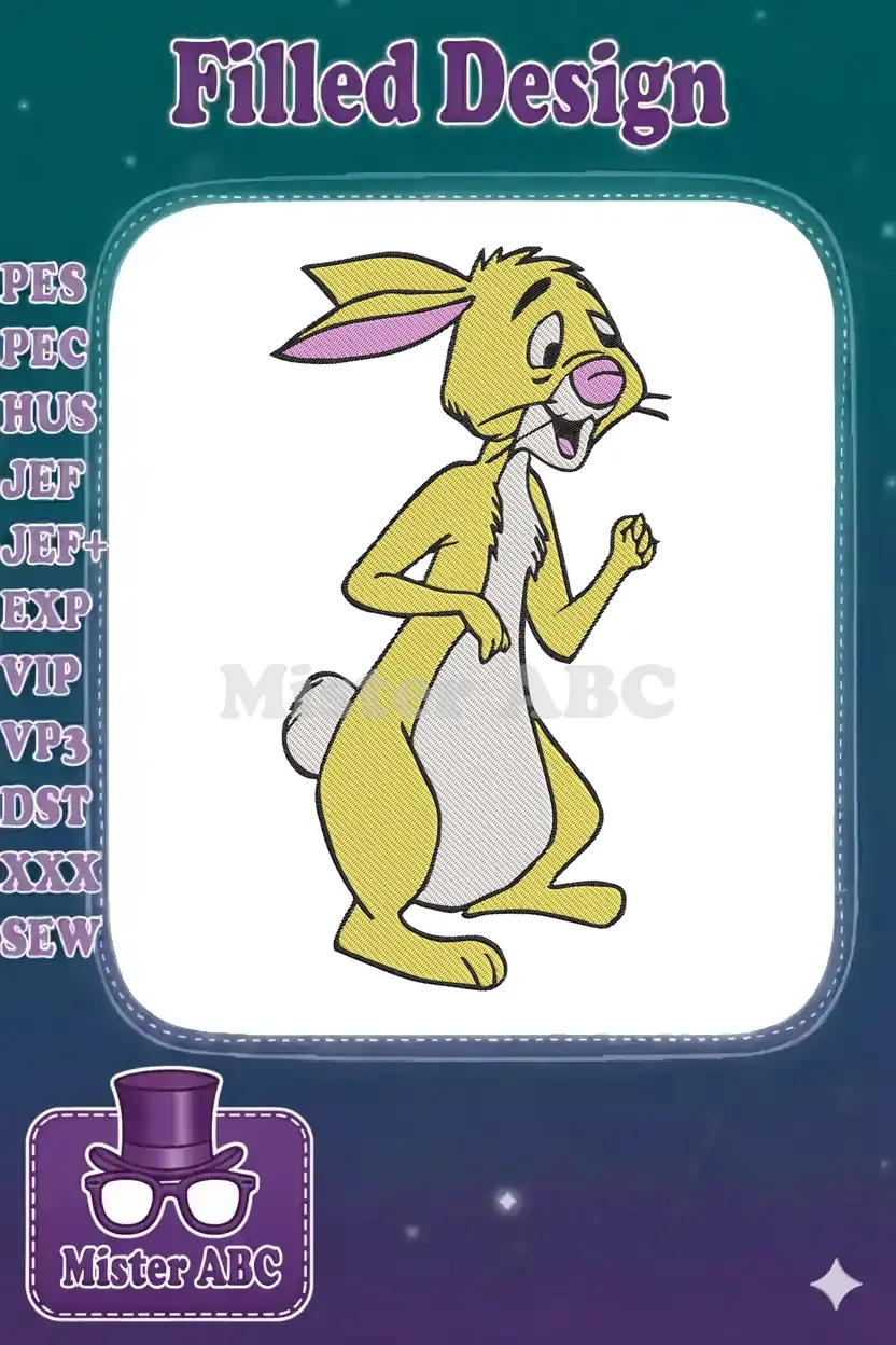 Full-body embroidery design of Rabbit from Winnie the Pooh, standing with a cheerful expression, in yellow and pink.