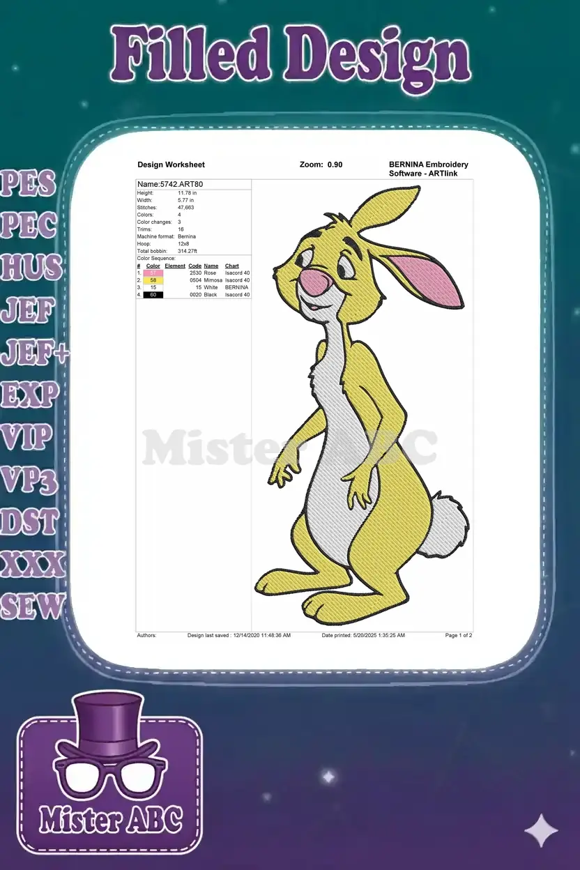 Embroidery design worksheet for Rabbit, showing dimensions, stitch count, color sequence, and machine format details.
