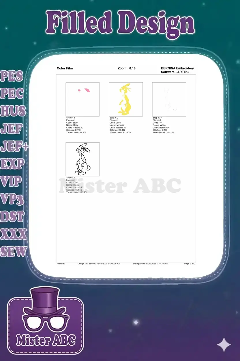 Color film breakdown of the Rabbit embroidery design, illustrating the stitch sequence for each color element.