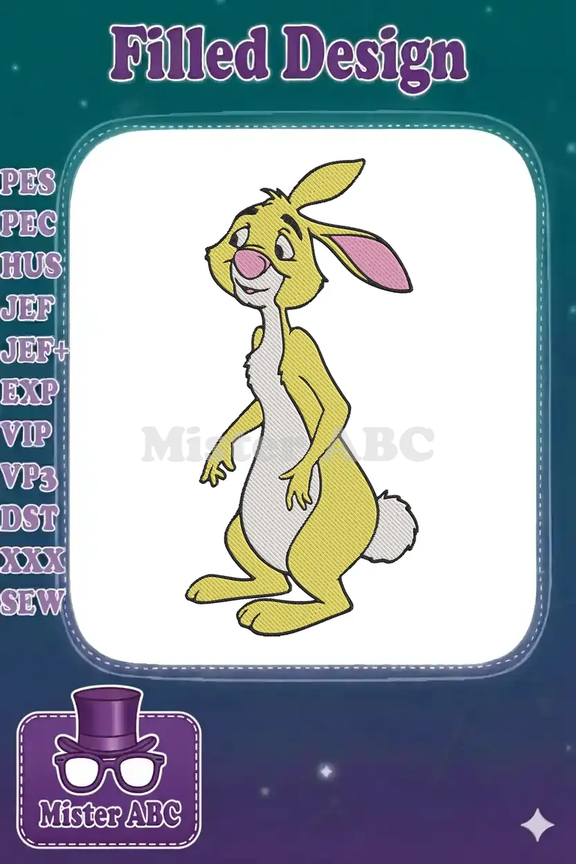 A cheerful, standing embroidery design of Rabbit from Winnie the Pooh, featuring bright yellow fur and pink ears.