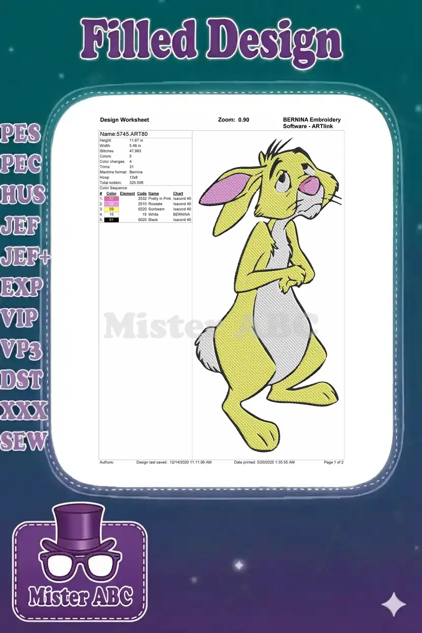 Embroidery design worksheet for Rabbit, displaying detailed stitch counts, dimensions, color sequence, and thread types.