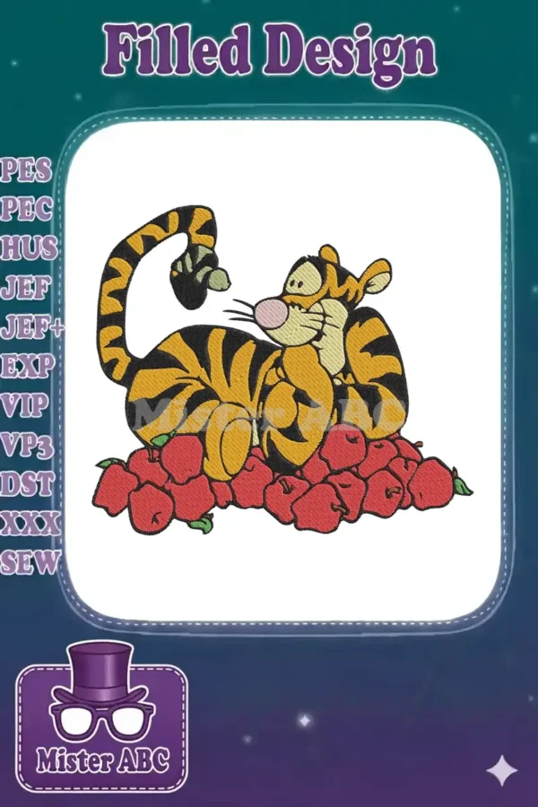 Vibrant embroidery design featuring Tigger from Winnie the Pooh, happily lounging on a large pile of red apples.