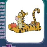 Playful Tigger character lying down holding a red apple embroidery designs - Instant Download