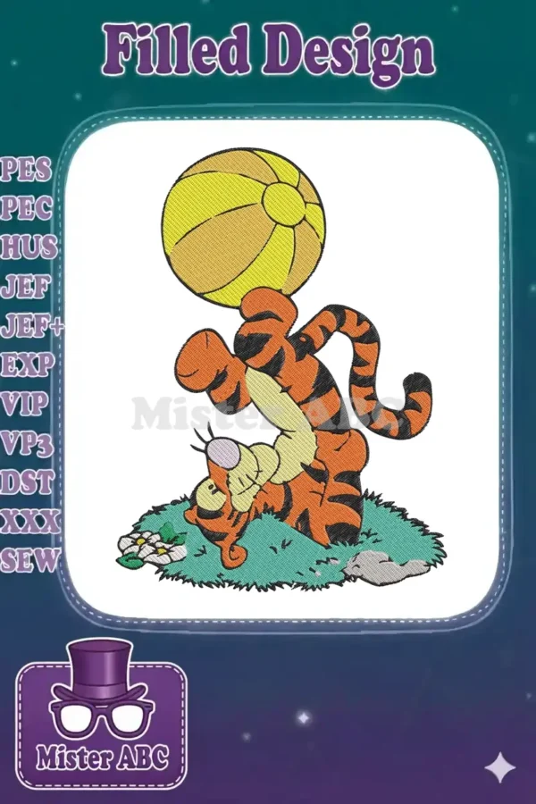 Vibrant embroidery of Tigger from Winnie the Pooh, playfully balancing a yellow beach ball on grass.