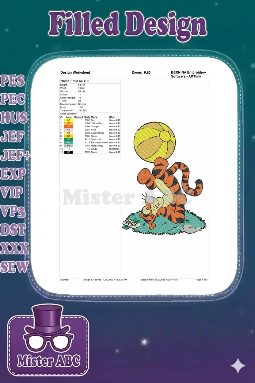 Detailed embroidery design worksheet for Tigger, showing dimensions, stitch count, colors, and hoop size.